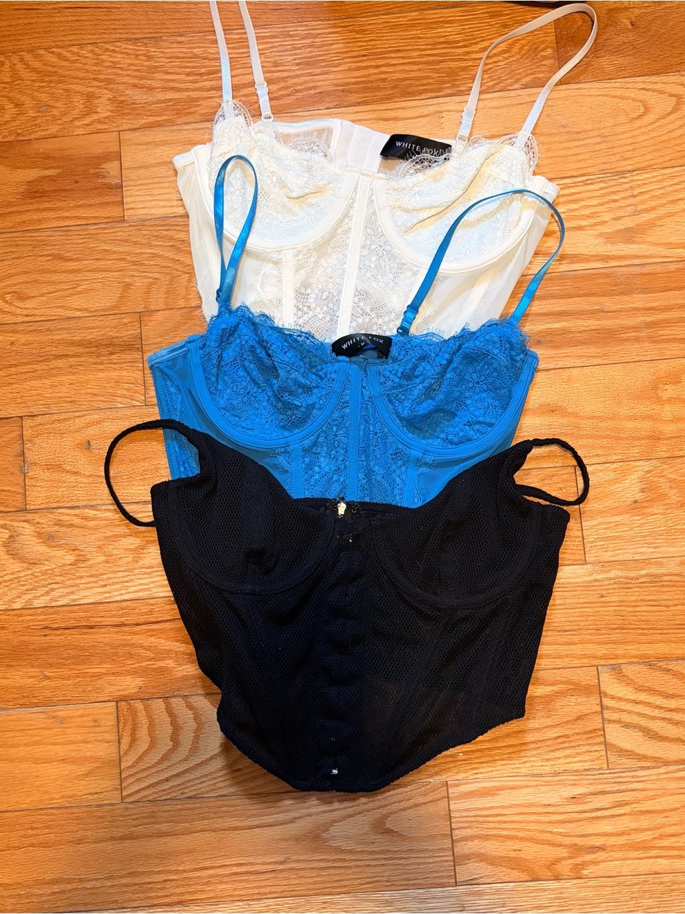 White Fox Boutique Lace Bustier Camisole Trio in White, Blue & Black